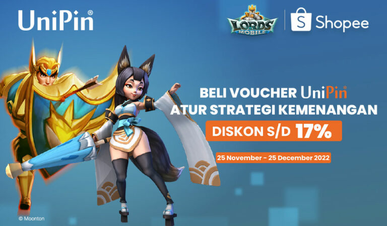 UniPin, Shopee dan Lords Mobile kasih diskon 17% untuk Voucher UniPin dan dapatin GRATIS Item Codes Lords Mobile