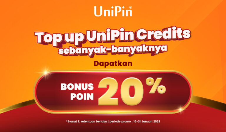 Dapatkan bonus poin sebesar 20% melalui top up UniPin Credits. Promo ini hanya untuk member UniPin, berlaku 16-31 Januari 2023