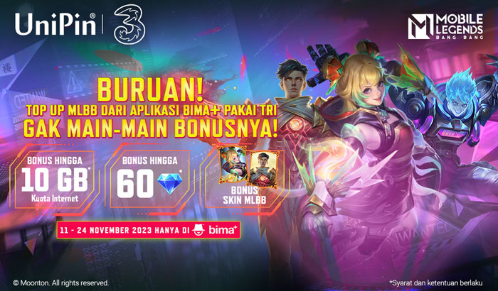 Top Up MLBB di bima+ Pakai Pulsa Tri, Gak Main-Main Bonusnya!