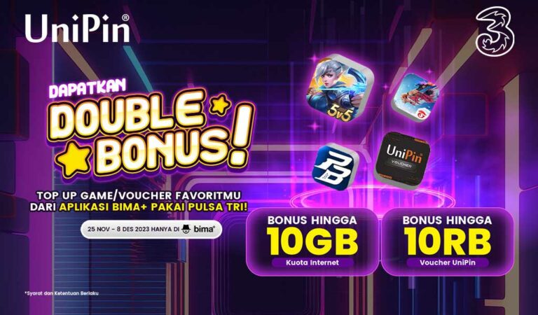 Top Up Game/Voucher di bima+ Pakai Tri, Dapat Double Bonus!