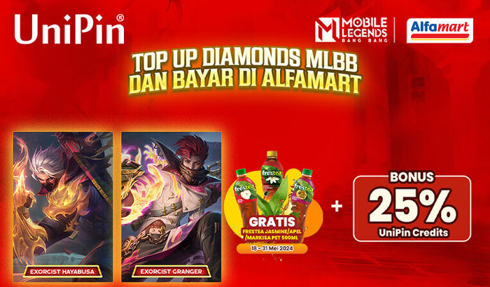 Top Up MLBB dan Bayar di Alfamart Gratis Frestea 500ml Bonus 25% UC Top Up MLBB dan Bayar di Alfamart Gratis Frestea 500ml Bonus 25% UC