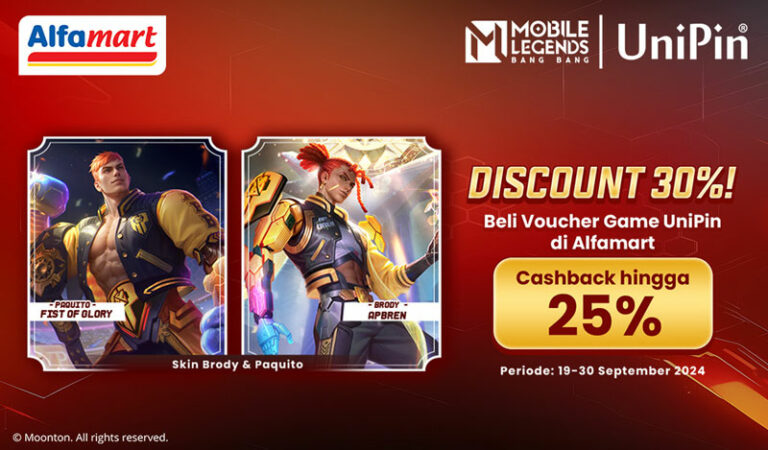 Top-Up-MLBB-Pakai-Voucher-UniPin-dari-Alfamart,-Cashback-hingga-25%-UniPin-Credits-+-Discount-30%-Skin-Terbaru-Brody-dan-Paquito!