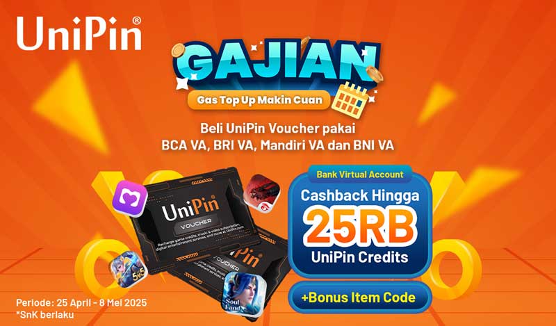 Beli UniPin Voucher Pakai Bank VA, Cashback sd 25K UC + Item Code