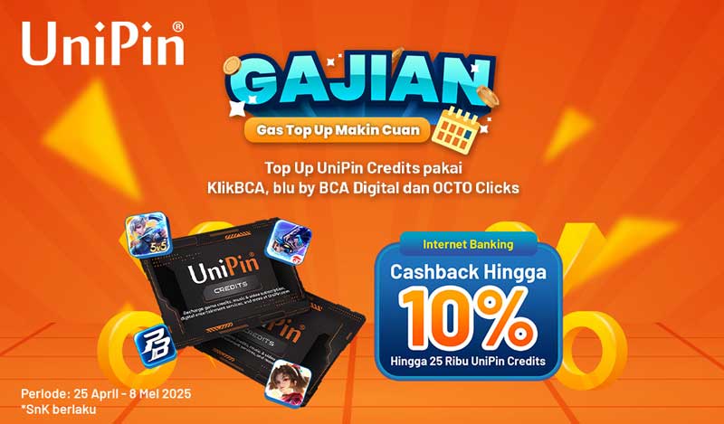 Promo GAJIAN: Top Up UniPin Credits Pakai Internet Banking Cashback 10%
