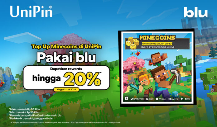 Top Up Minecoins di UniPin pakai blu Makin Hemat dengan Rewards Hingga 20%!