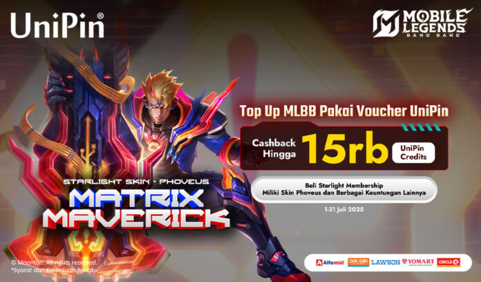 Beli Voucher UniPin, Top Up MLBB & Dapat Skin Phoveus + 15Rb UniPin Credit