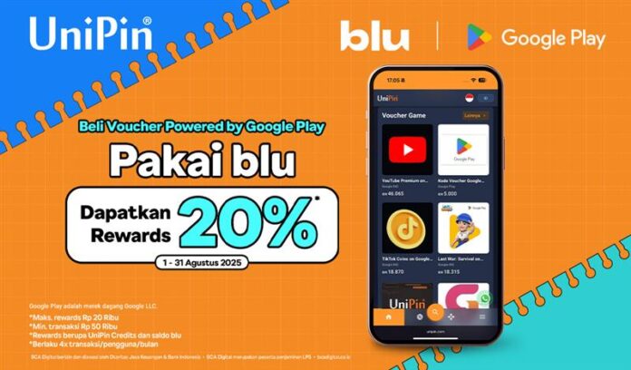 Beli Voucher Powered by Google Play di UniPin Pakai blu dan Dapatkan Rewards 20%