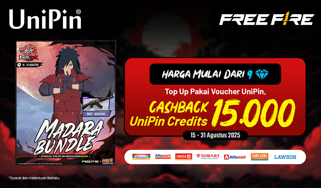 Madara Bundle Free Fire – beli Voucher UniPin di toko favoritmu, Cashback UC15.000!
