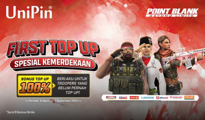 Mulai 6 Agustus sampai 1 September 2025, para Troopers yang belum pernah melakukan top up bisa menikmati BONUS 100% untuk top up pertama pakai Voucher UniPin dari retail kesayangan kamu!