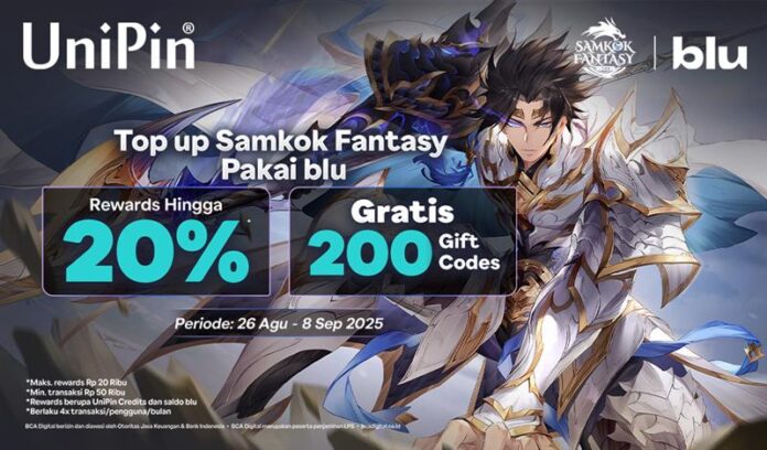 Top Up Samkok Fantasy di UniPin pakai Blu dapatkan Rewards 20% + item code gratis