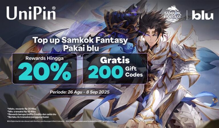 Top Up Samkok Fantasy di UniPin pakai Blu dapatkan Rewards 20% + item code gratis