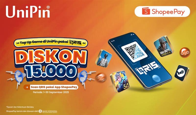 Diskon Rp 15.000 Tiap Top Up game favoritmu pakai QRIS ShopeePay!