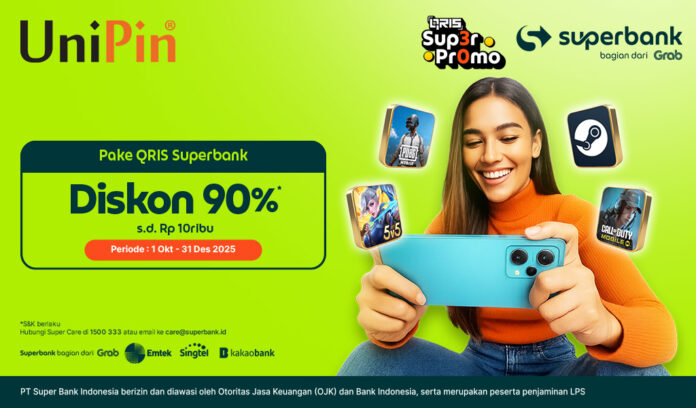 Diskon 90% Tiap Top Up game favoritmu pakai QRIS Superbank di UniPin