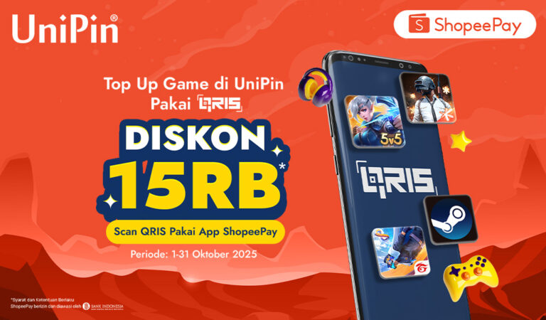 Diskon Rp 15.000 Tiap Top Up game favoritmu pakai QRIS ShopeePay!