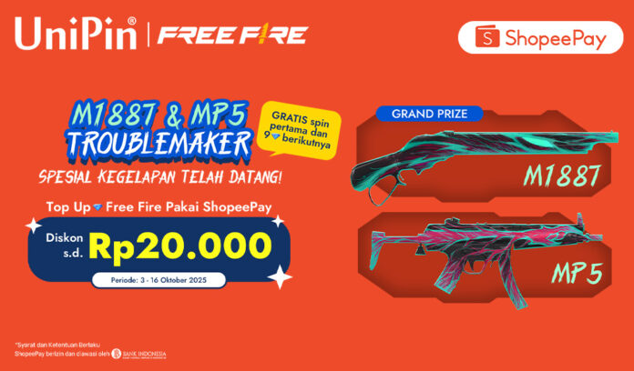 Diskon Rp20 rb Top Up FF Pakai ShopeePay! Dapatkan M1887 & MP5 Troublemaker!