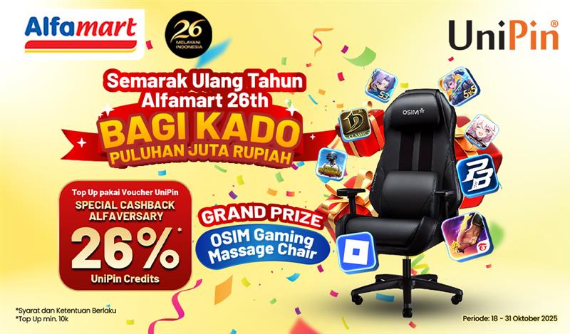 Semarak Ulang Tahun Alfamart 26th bareng UniPin, Bagi Kado Puluhan Juta Rupiah hingga Kursi Gaming!