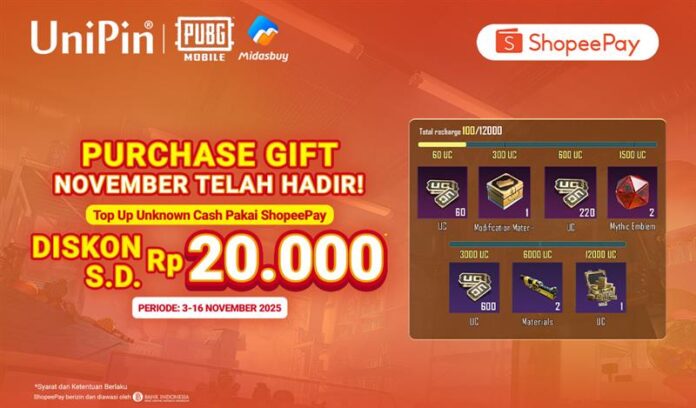 Raih Bonus di Purchase Gift! Ekstra Diskon Rp20.000 Top Up PUBG Mobile Pakai ShopeePay!