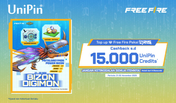 Top Up Diamonds FF dapat Bizon Digimon! Bayar pakai QRIS Cashback sd 15.000 UniPin Credits!