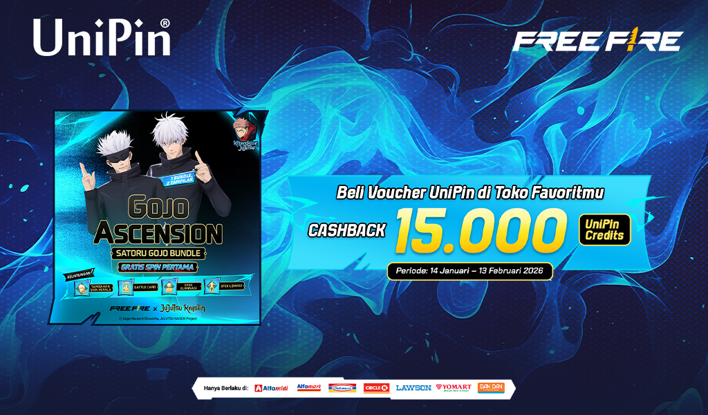 Gojo Ascension – Free Fire! Beli Voucher UniPin Dapatkan Cashback 15.000 Credits