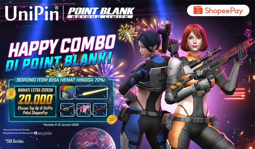 Point Blank Happy Combo 2026! Sale 70% + Diskon Rp20.000 Pakai Shopeepay Di Unipin!