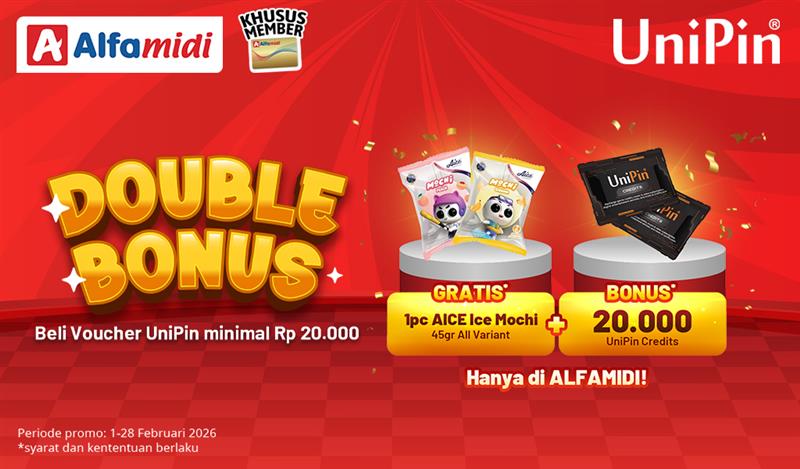 DOUBLE BONUS! Beli Voucher UniPin di ALFAMIDI, Dapat MOCHI GRATIS + BONUS UniPin Credits!