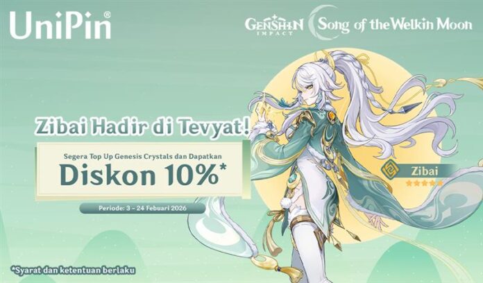 Zibai hadir di Genshin Impact Candra IV Top up Genesis Crystals dan Dapatkan Diskon 10%