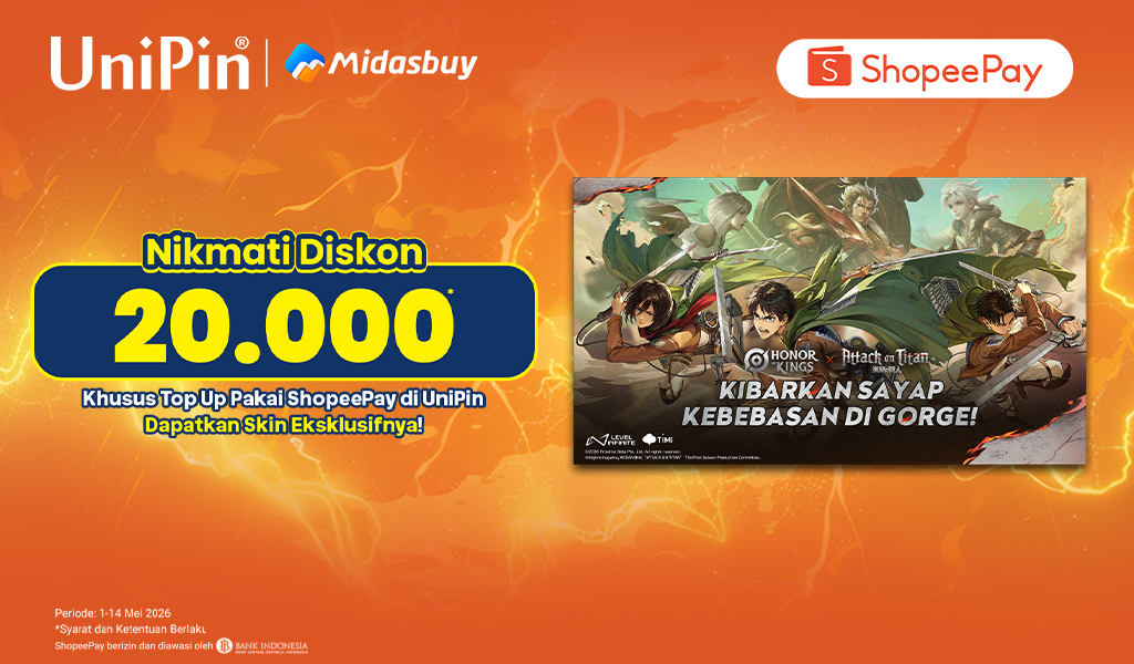 Miliki Skin Eksklusif Honor of Kings x Attack on Titan! Ekstra Diskon 20 Ribu dengan Top Up Pakai ShopeePay!