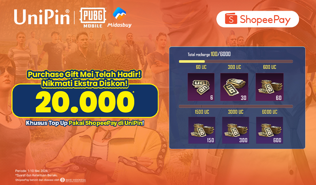 Purchase Gift Mei Telah Hadir! Ekstra Diskon 20 Ribu dengan Top Up Pakai ShopeePay!
