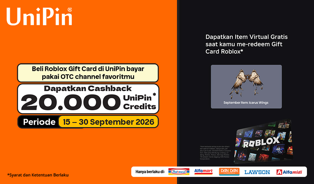 Top Up Roblox Gift Card di UniPin! Cashback 20.000 UC Bayar di Indomaret, Alfamart, Alfamidi, Dan+Dan & Lawson!